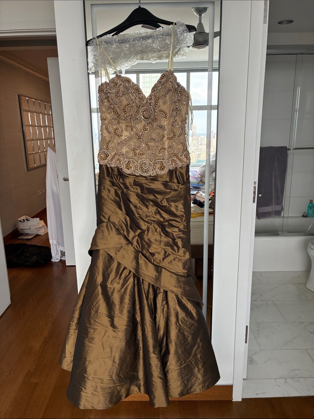 Rose Taft Champagne Beaded Bodice with Bronze Taffeta Skirt Wedding Gown